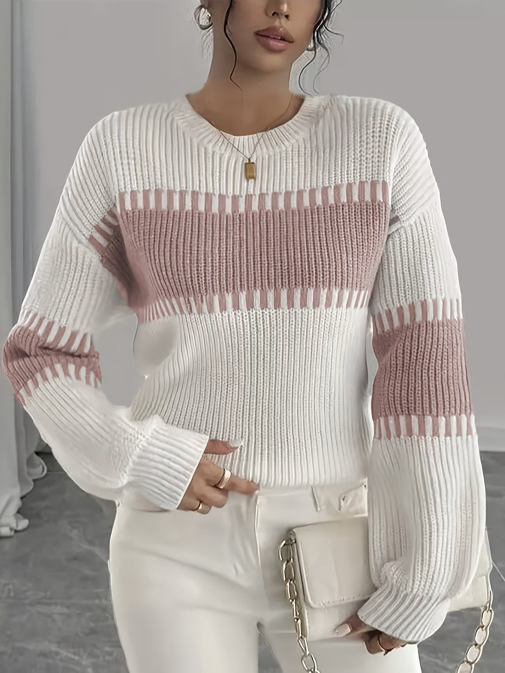 Colour-Block Striped Sweater with Relaxed Fit and Drop-Shoulder Design