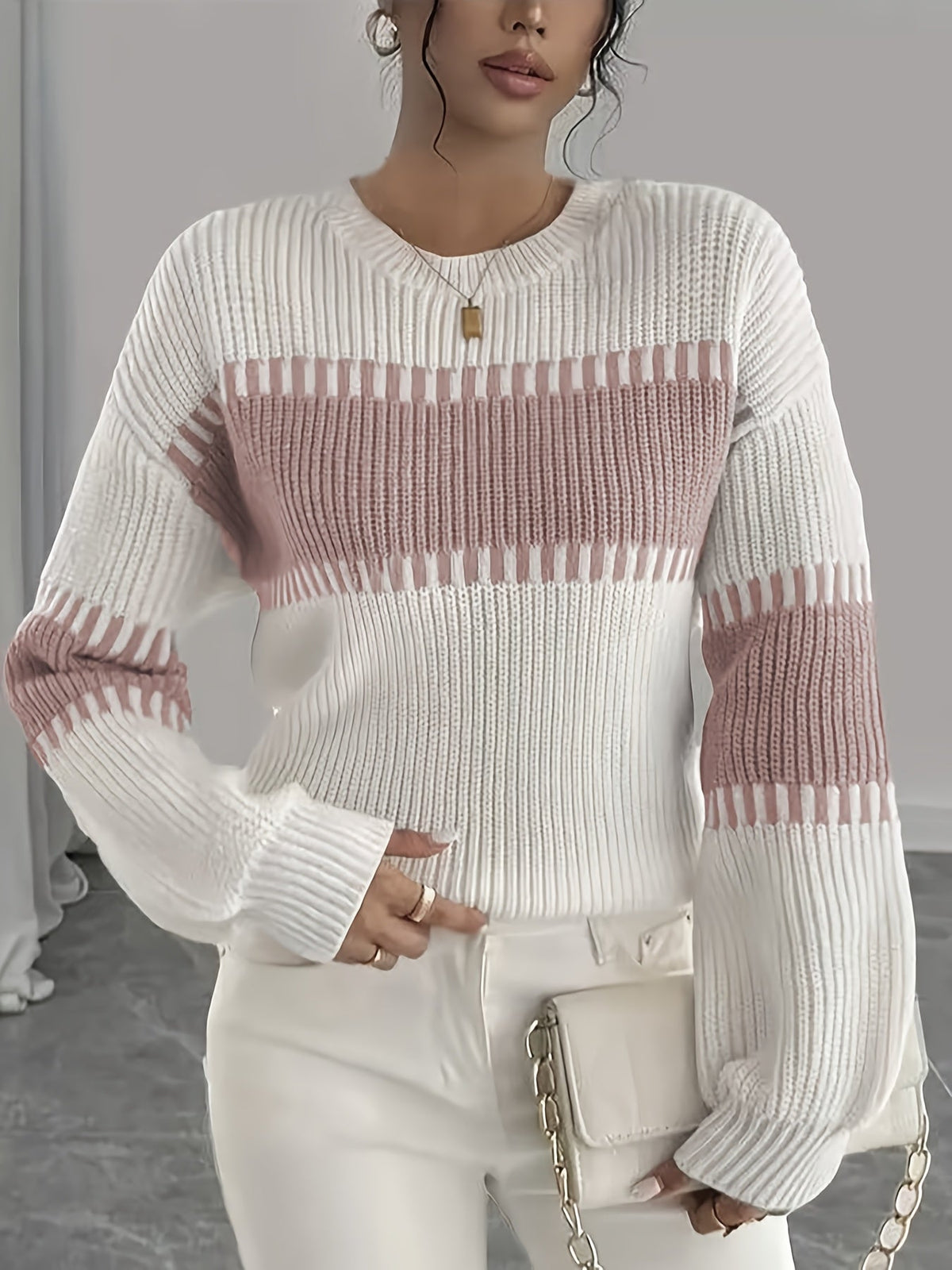 Colour-Block Striped Sweater with Relaxed Fit and Drop-Shoulder Design