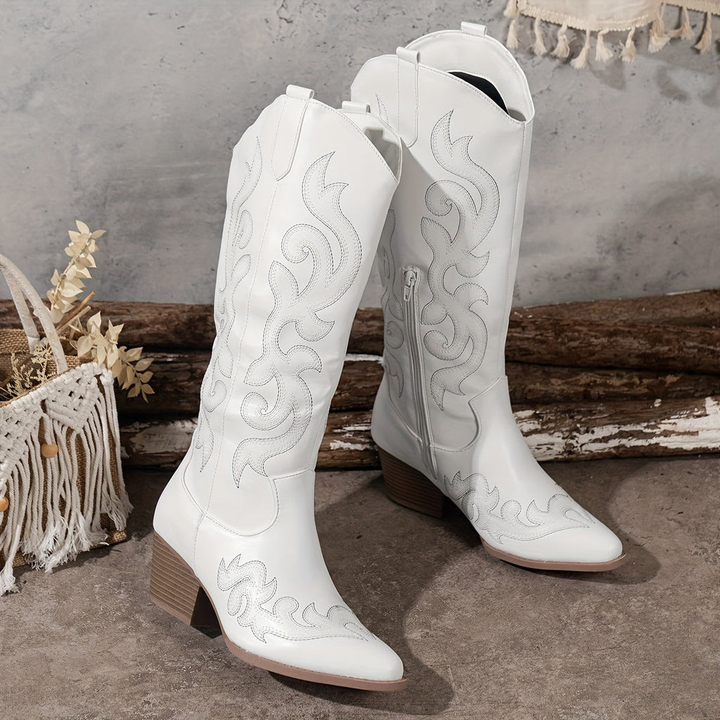 Knee-High Women's Cowboy Boots with Block Heel and Embroidered Detail