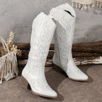 Knee-High Women's Cowboy Boots with Block Heel and Embroidered Detail