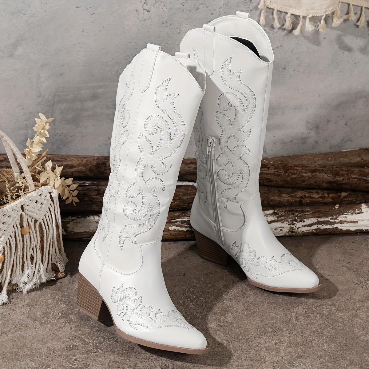 Knee-High Women's Cowboy Boots with Block Heel and Embroidered Detail