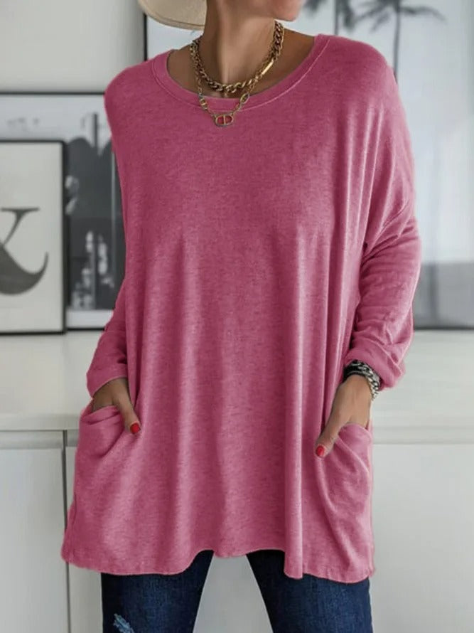 Women's Long Sleeve Shirt with Crew Neck and Side Pockets