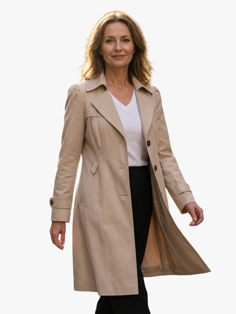 Knee-Length Double-Breasted Women's Trench Coat with Belt