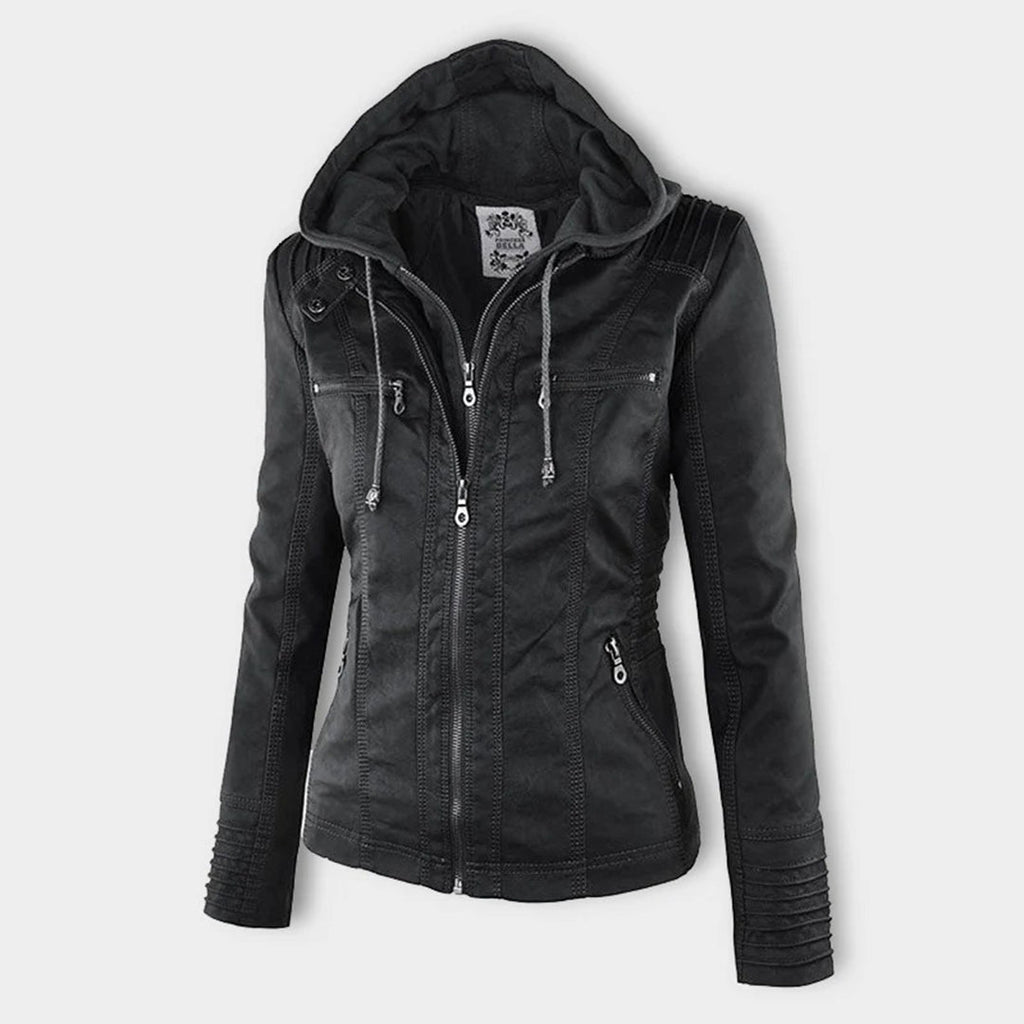 Vegan Leather Women's Jacket with Removable Hood and Thermal Lining