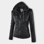 Vegan Leather Women's Jacket with Removable Hood and Thermal Lining