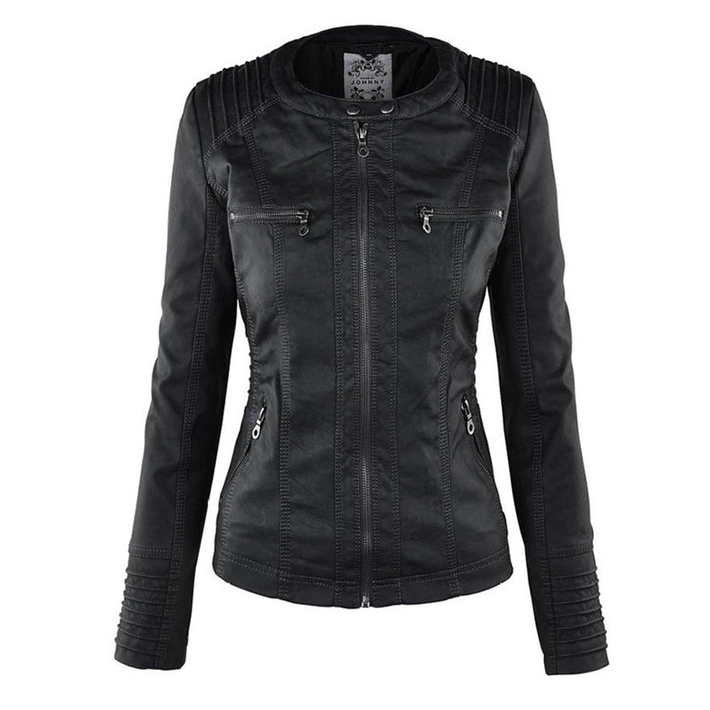 Vegan Leather Women's Jacket with Removable Hood and Thermal Lining