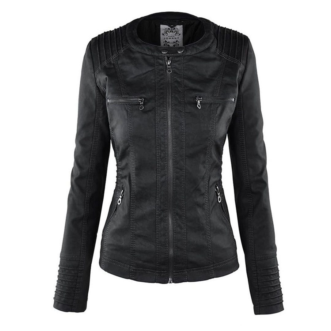 Vegan Leather Women's Jacket with Removable Hood and Thermal Lining
