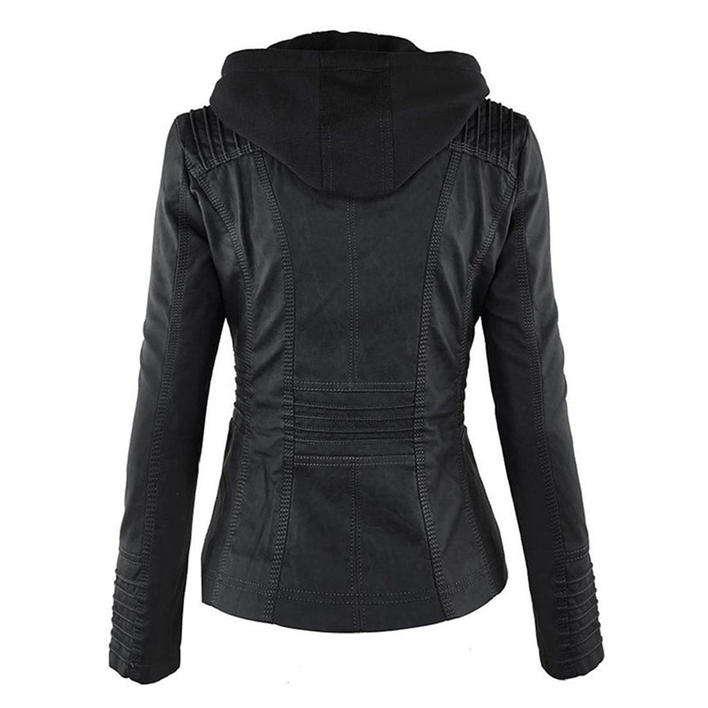 Vegan Leather Women's Jacket with Removable Hood and Thermal Lining