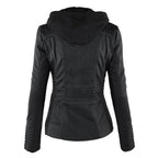 Vegan Leather Women's Jacket with Removable Hood and Thermal Lining