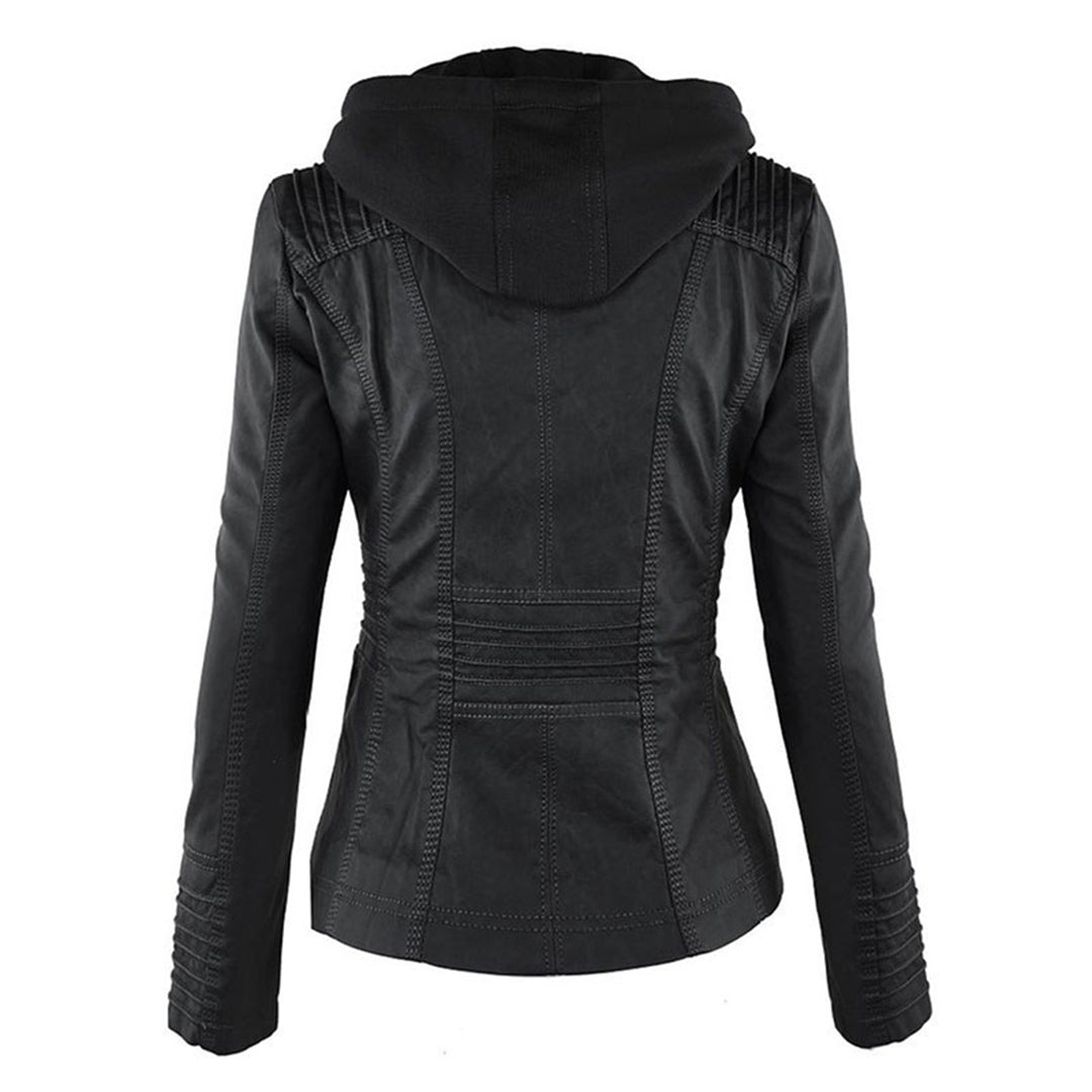 Vegan Leather Women's Jacket with Removable Hood and Thermal Lining