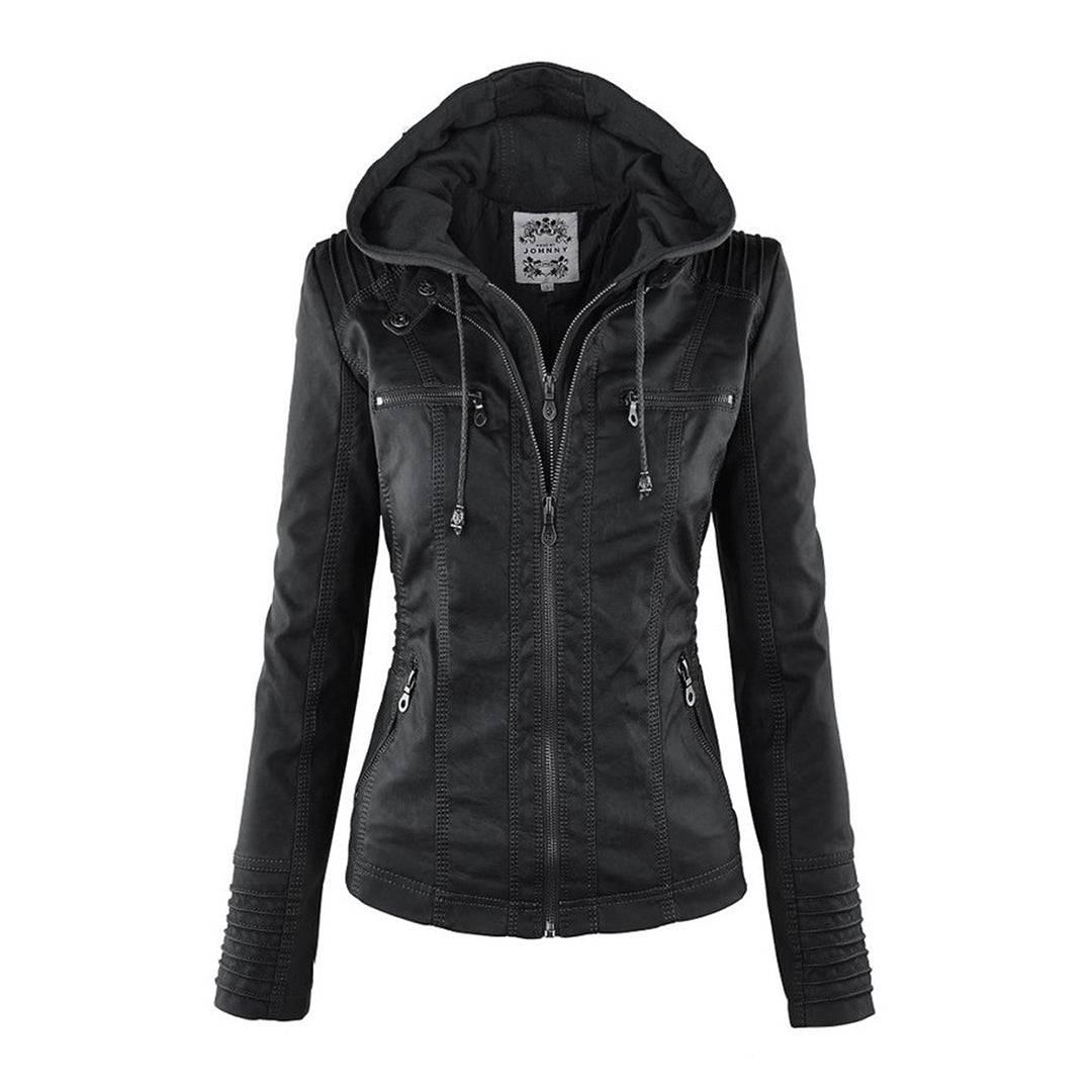 Vegan Leather Women's Jacket with Removable Hood and Thermal Lining