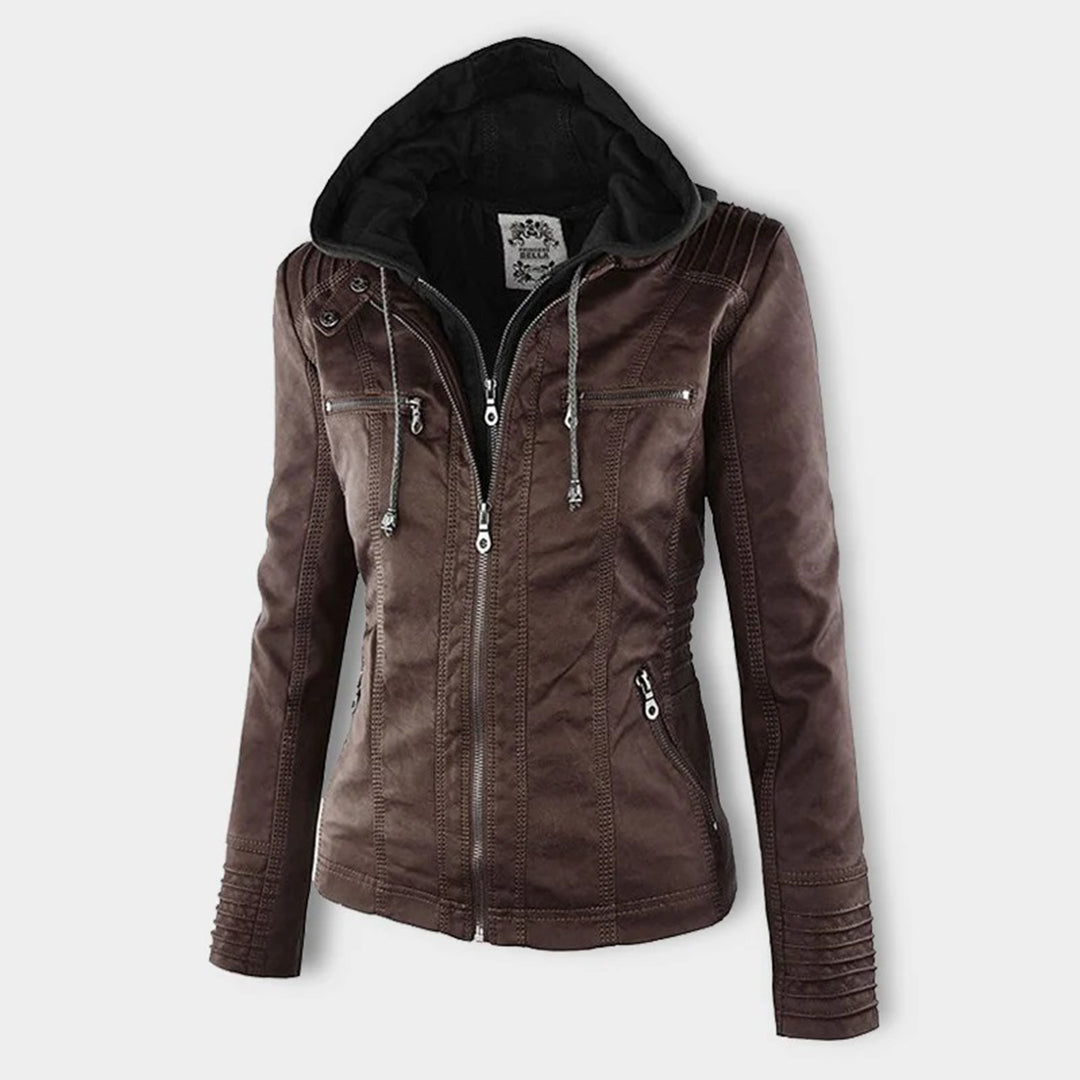 Vegan Leather Women's Jacket with Removable Hood and Thermal Lining
