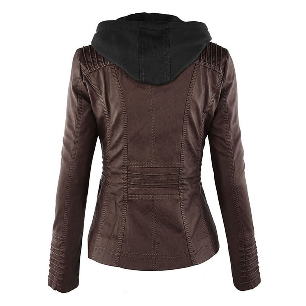 Vegan Leather Women's Jacket with Removable Hood and Thermal Lining