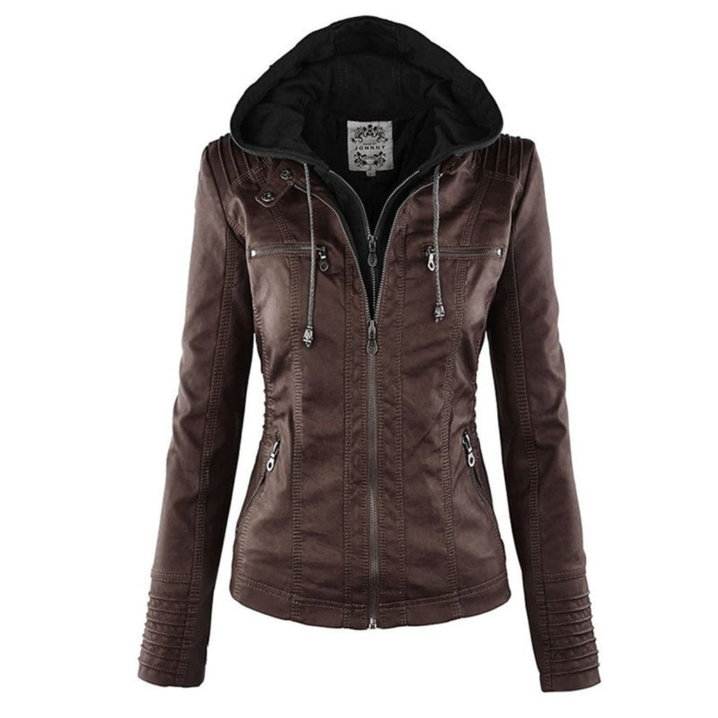 Vegan Leather Women's Jacket with Removable Hood and Thermal Lining