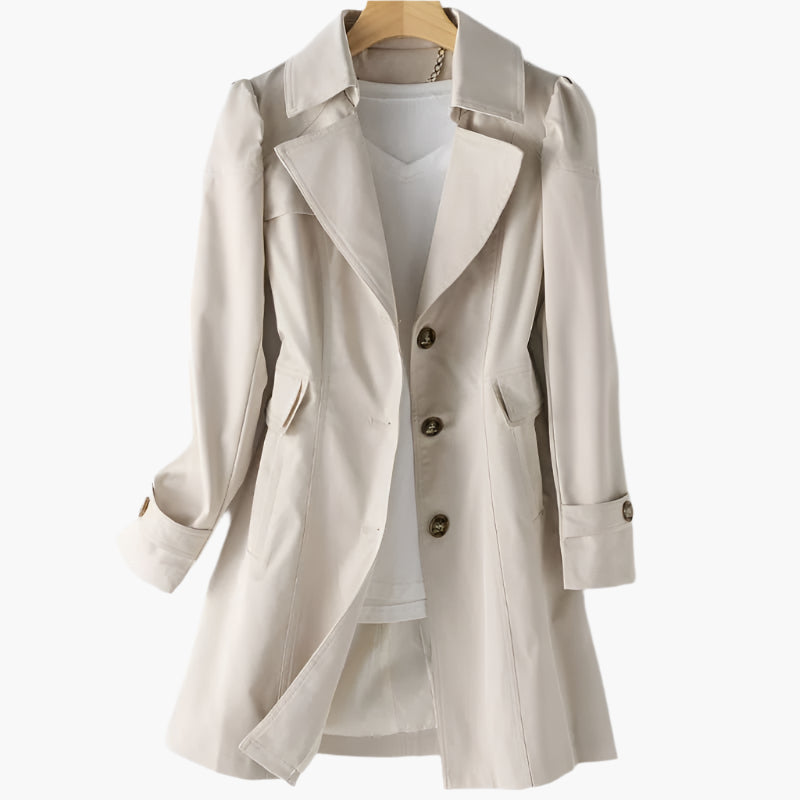 Women's Long Trench Coat with Button Front and Notched Lapel