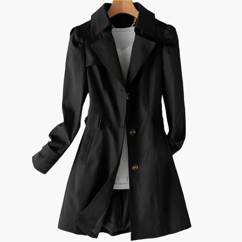Women's Long Trench Coat with Button Front and Notched Lapel
