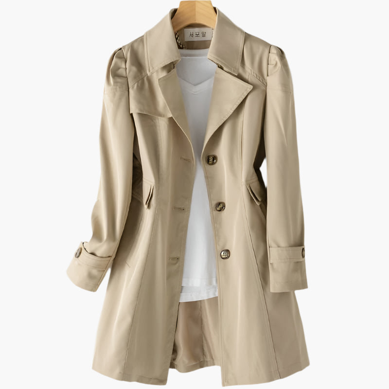 Women's Long Trench Coat with Button Front and Notched Lapel