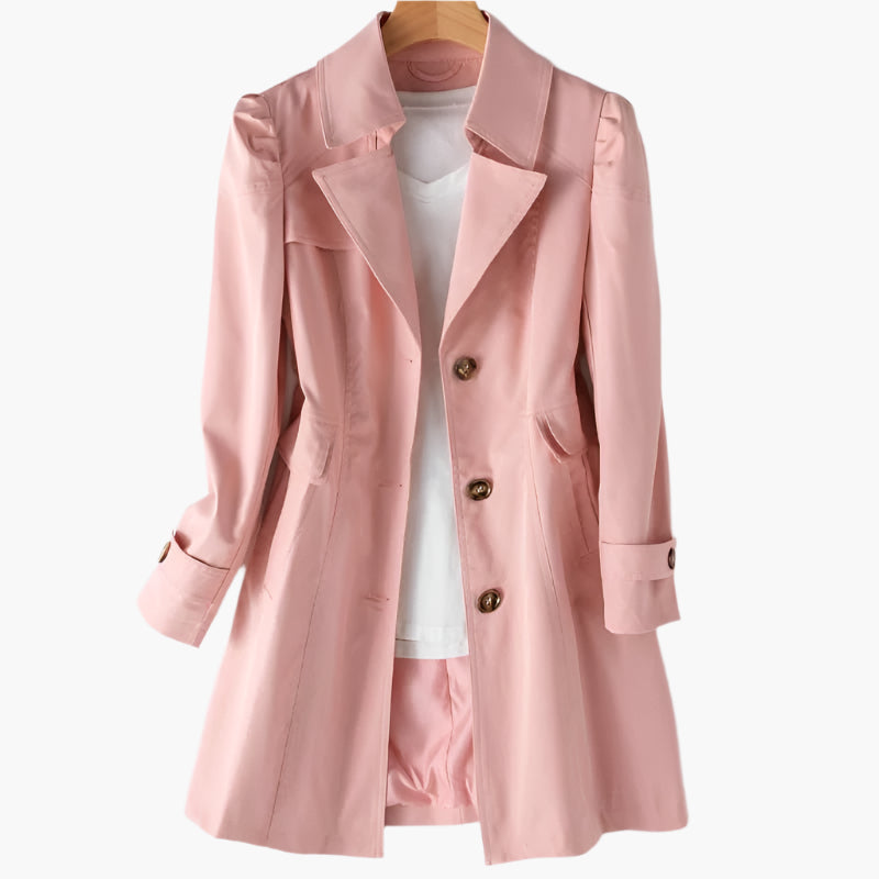 Women's Long Trench Coat with Button Front and Notched Lapel