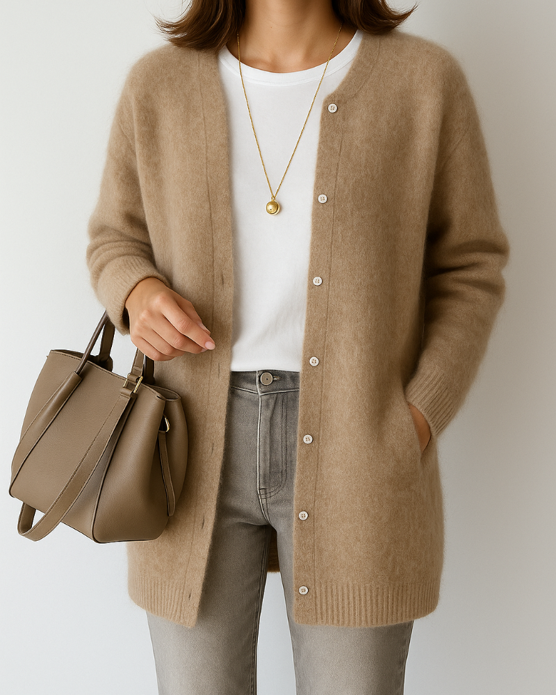 Relaxed Fit Button-Front Cardigan with Ribbed Trim for Women