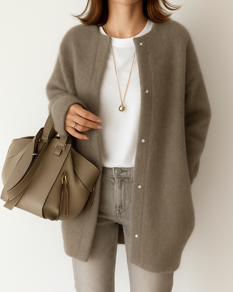 Relaxed Fit Button-Front Cardigan with Ribbed Trim for Women