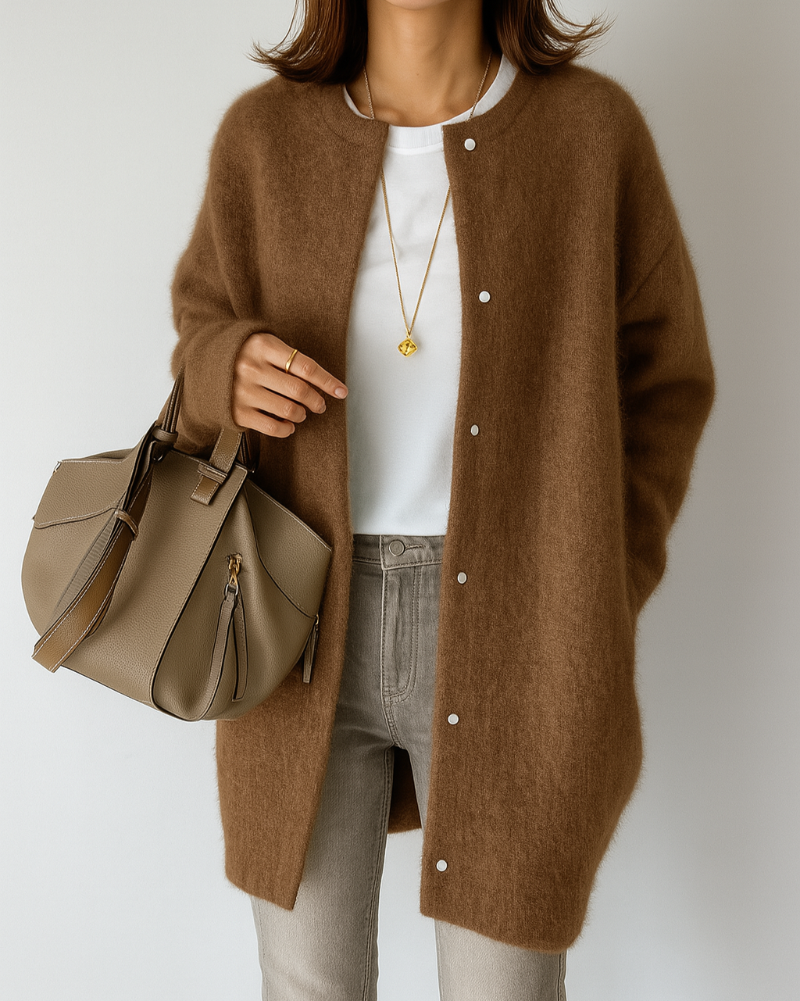 Relaxed Fit Button-Front Cardigan with Ribbed Trim for Women