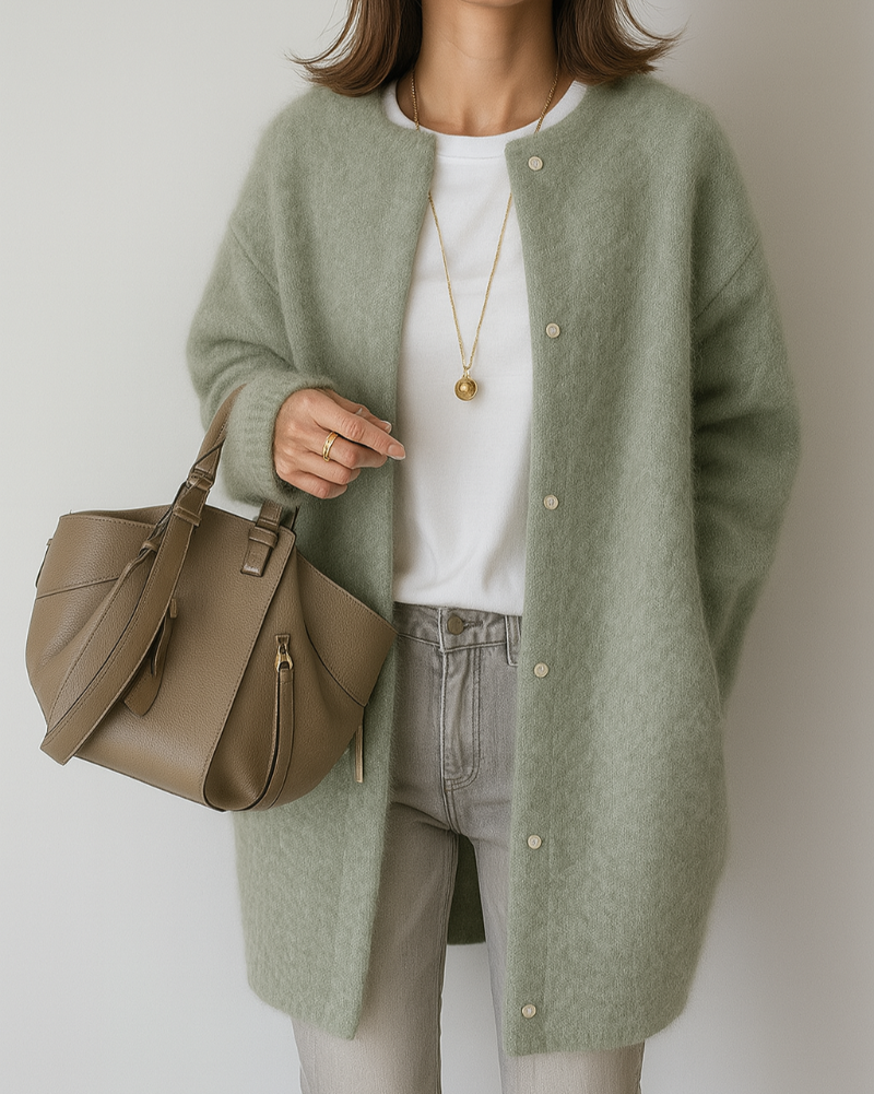 Relaxed Fit Button-Front Cardigan with Ribbed Trim for Women