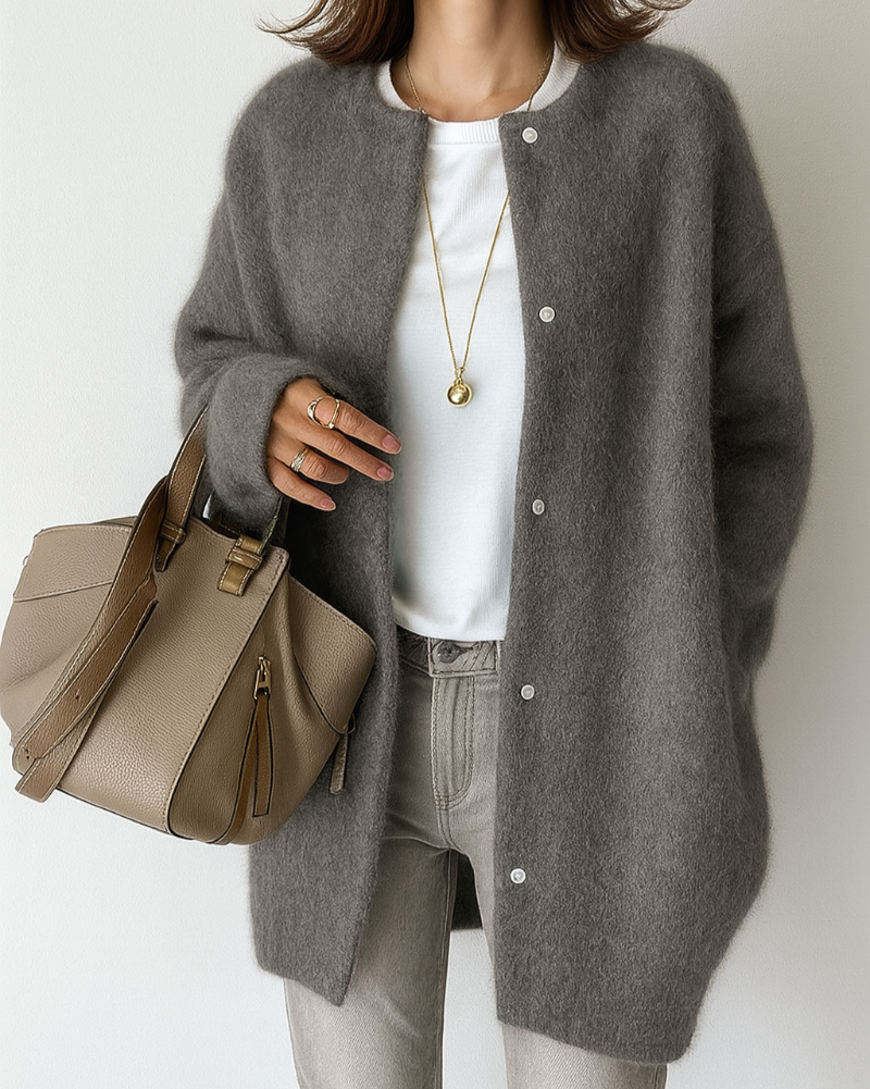 Relaxed Fit Button-Front Cardigan with Ribbed Trim for Women