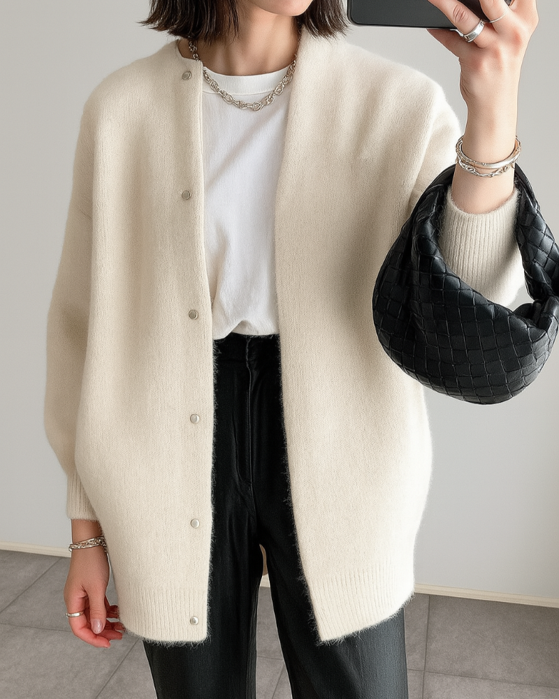 Relaxed Fit Button-Front Cardigan with Ribbed Trim for Women