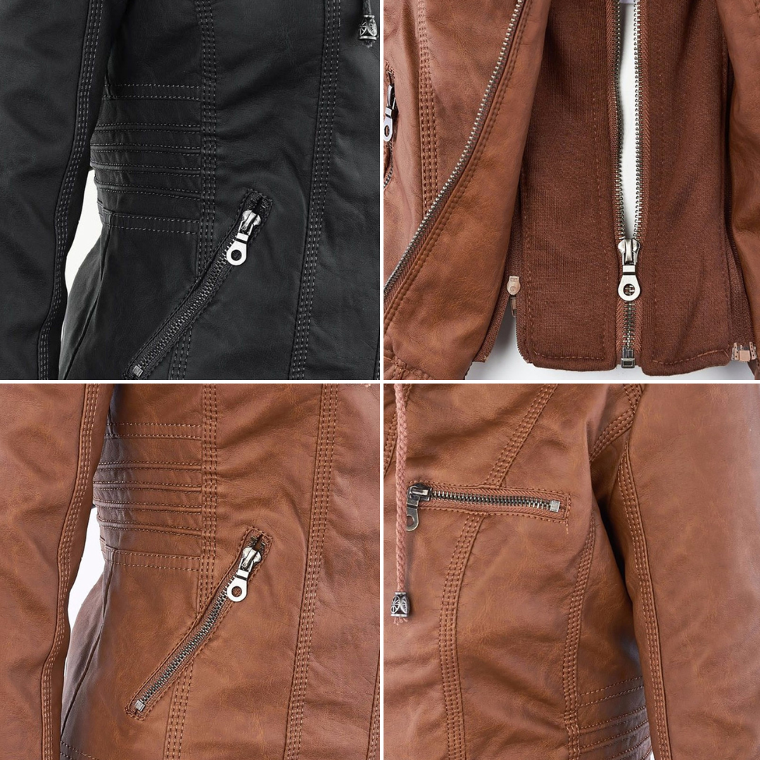 Vegan Leather Women's Jacket with Removable Hood and Thermal Lining
