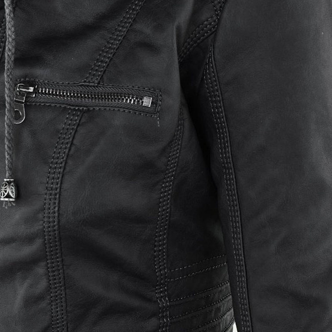 Vegan Leather Women's Jacket with Removable Hood and Thermal Lining