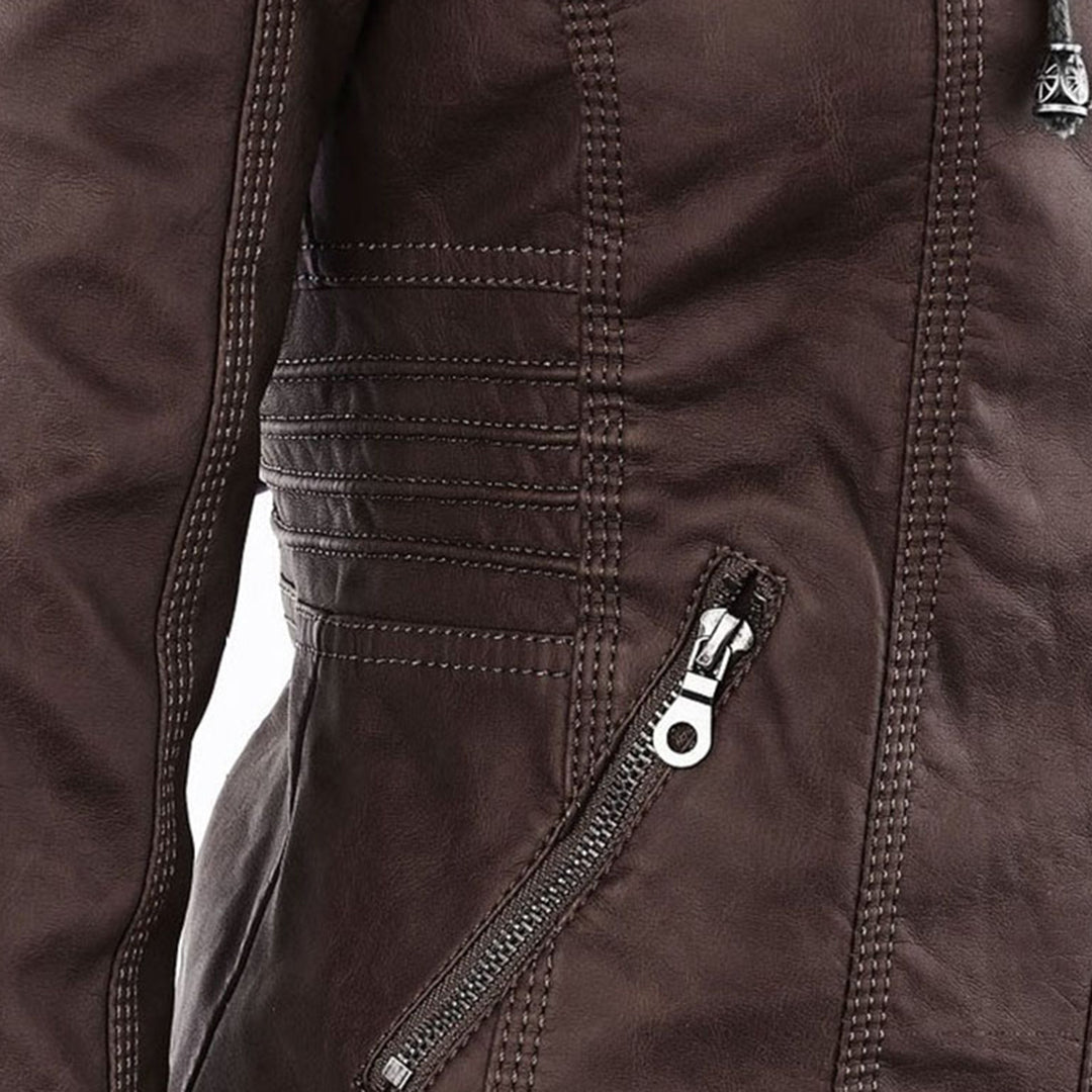 Vegan Leather Women's Jacket with Removable Hood and Thermal Lining
