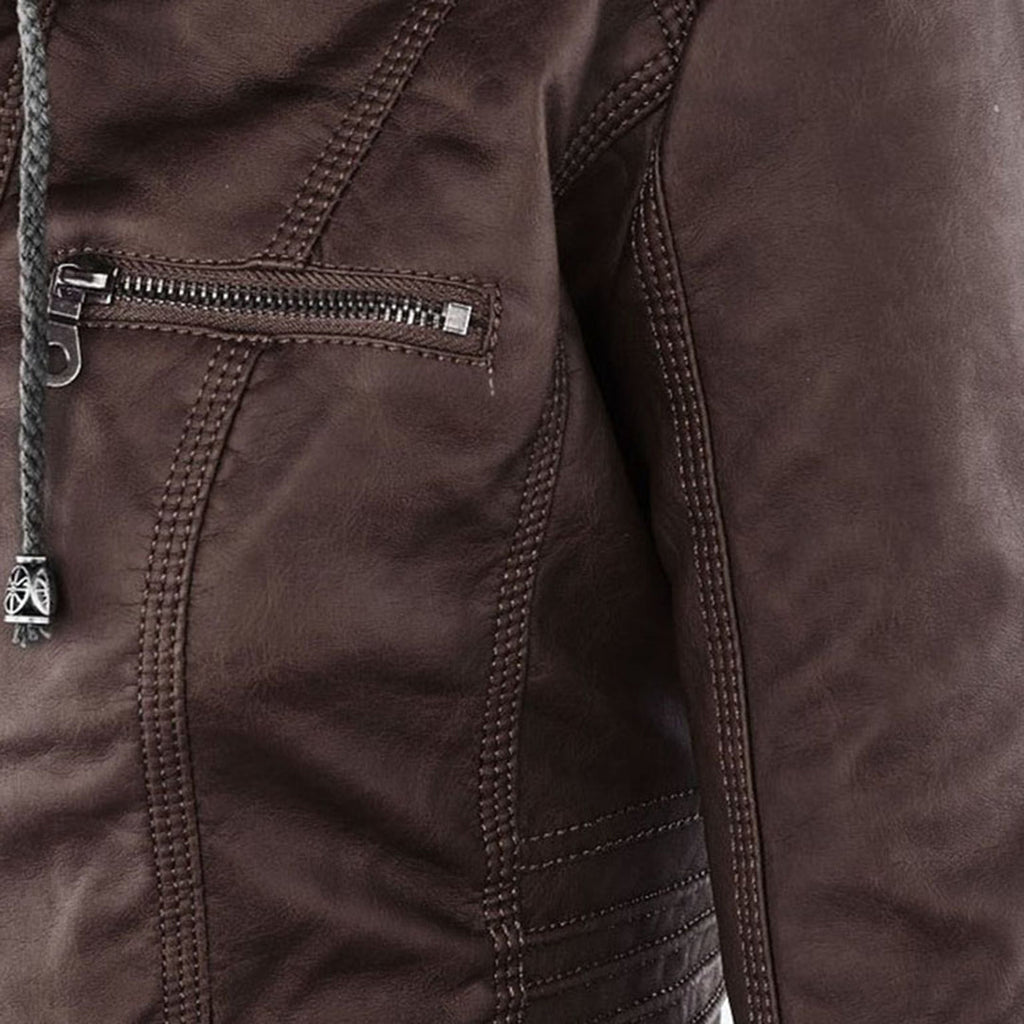 Vegan Leather Women's Jacket with Removable Hood and Thermal Lining