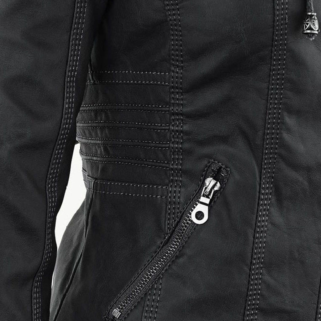 Vegan Leather Women's Jacket with Removable Hood and Thermal Lining