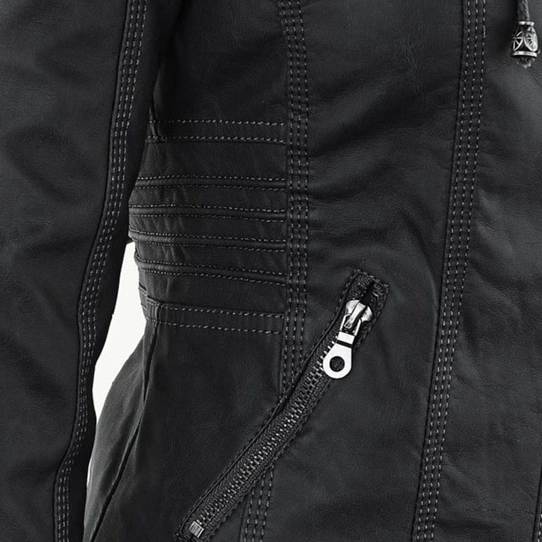 Vegan Leather Women's Jacket with Removable Hood and Thermal Lining
