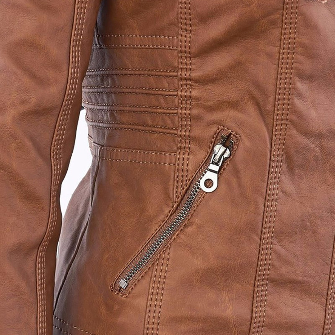 Vegan Leather Women's Jacket with Removable Hood and Thermal Lining