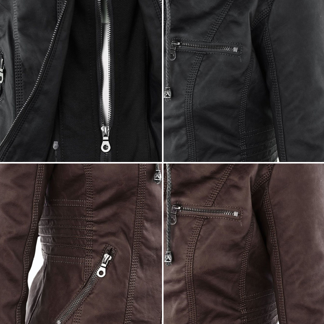 Vegan Leather Women's Jacket with Removable Hood and Thermal Lining
