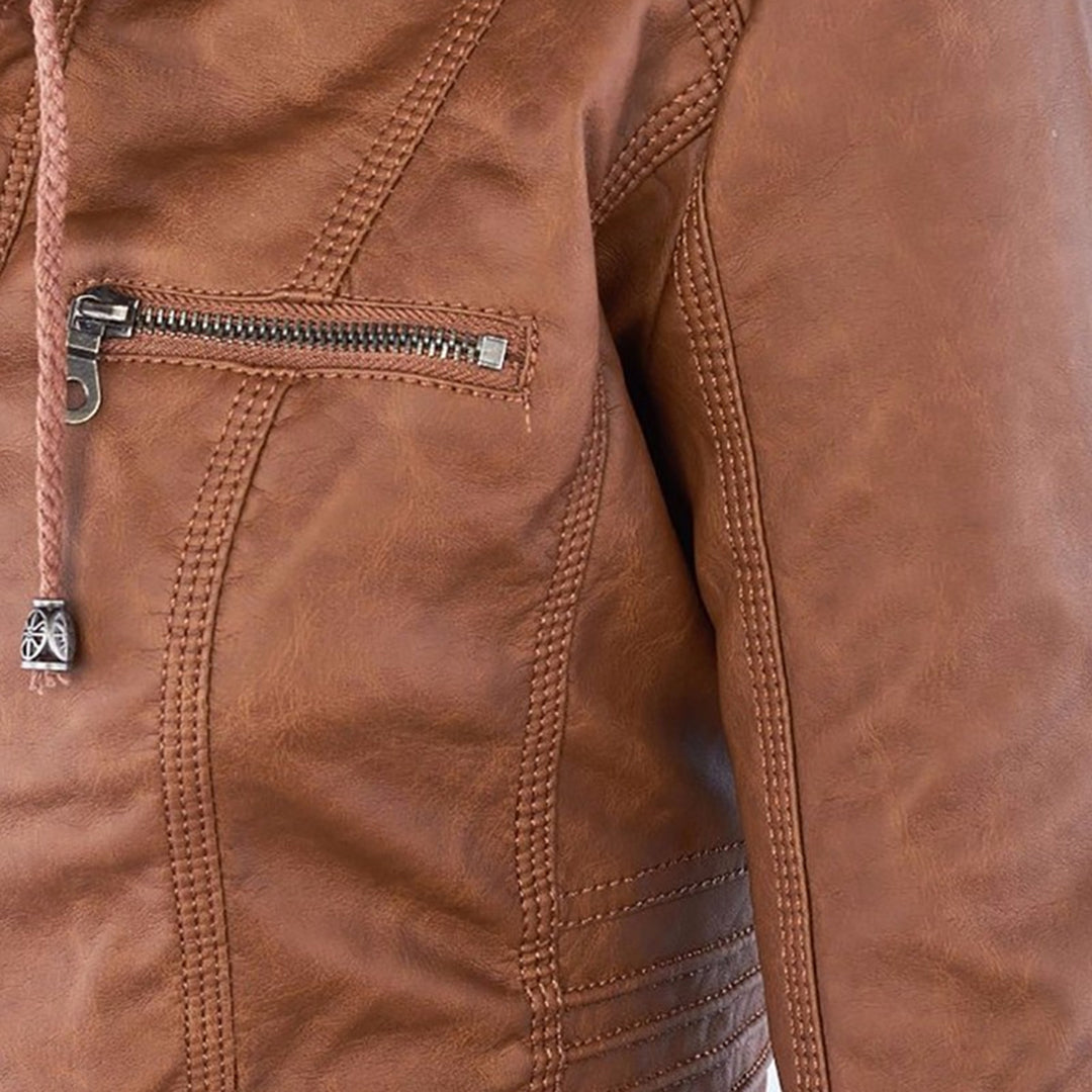 Vegan Leather Women's Jacket with Removable Hood and Thermal Lining