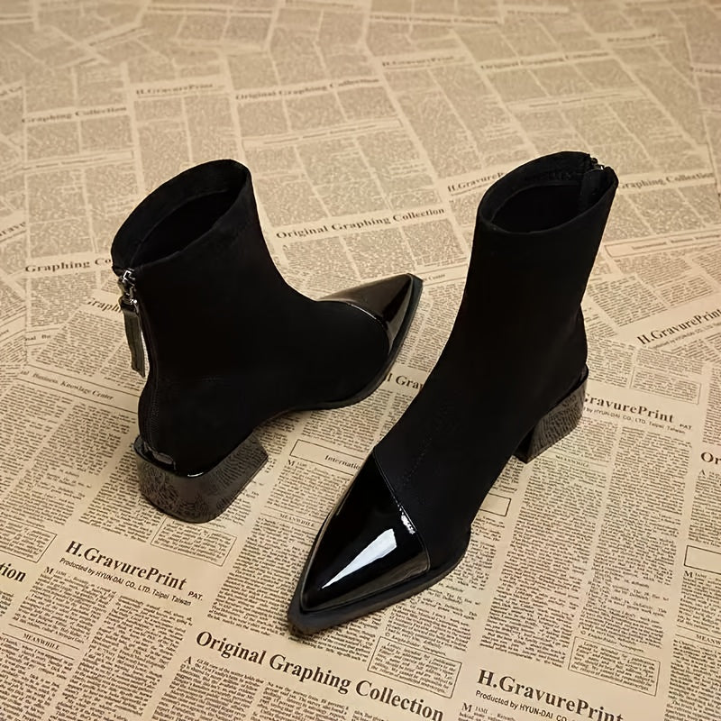 Elegant Pointed Toe Ankle Boots for Women with Sturdy Block Heel and Zipper Closure