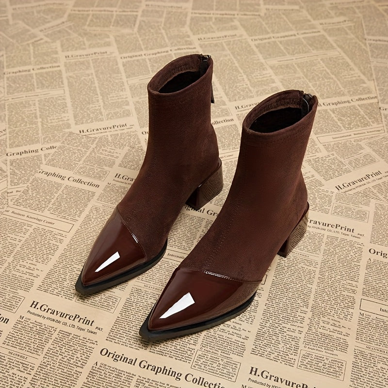 Elegant Pointed Toe Ankle Boots for Women with Sturdy Block Heel and Zipper Closure