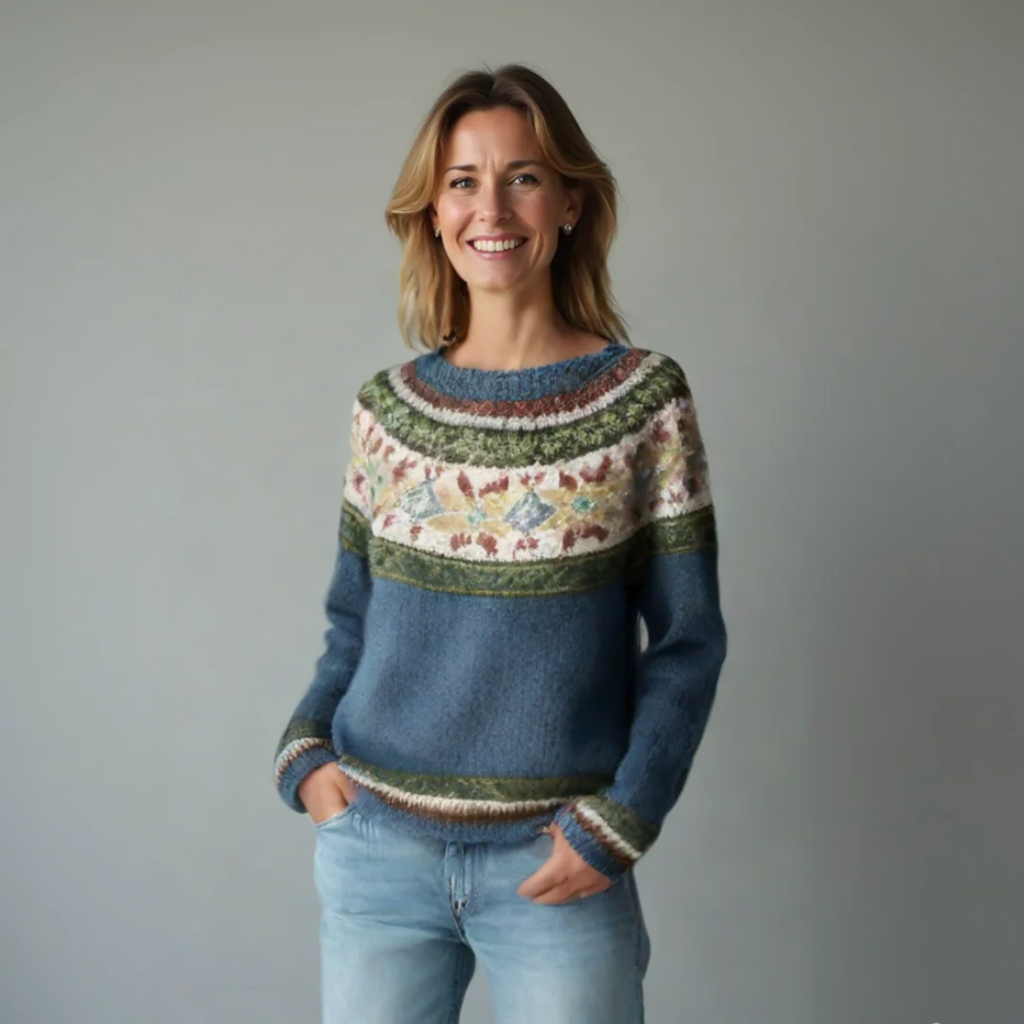 Women's Sweater with Boat Neck and Fair Isle Pattern
