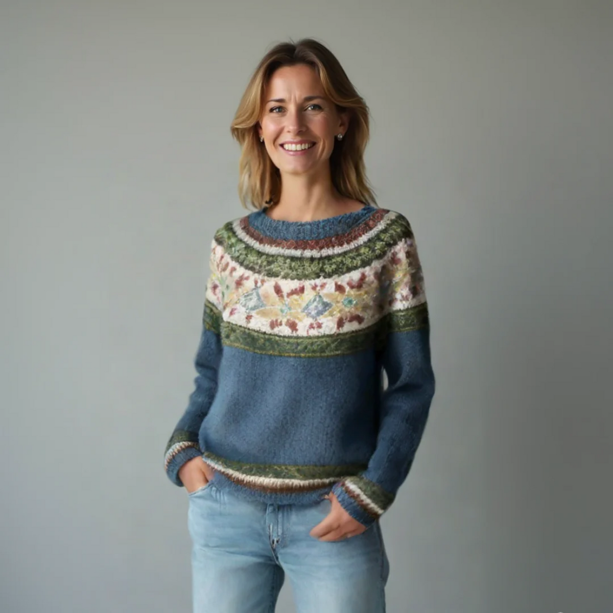 Women's Sweater with Boat Neck and Fair Isle Pattern