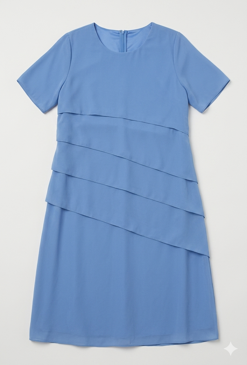 Chiffon Layered Women's Knee-Length Dress with Short Sleeves and Round Neckline