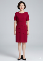 Chiffon Layered Women's Knee-Length Dress with Short Sleeves and Round Neckline