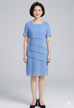 Chiffon Layered Women's Knee-Length Dress with Short Sleeves and Round Neckline