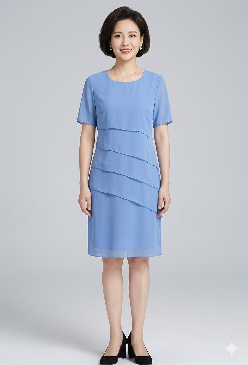 Chiffon Layered Women's Knee-Length Dress with Short Sleeves and Round Neckline