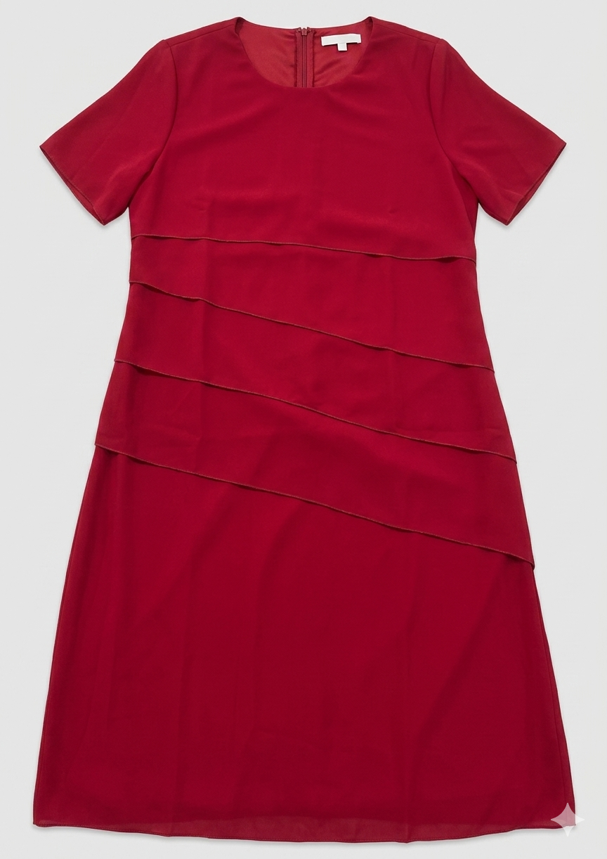 Chiffon Layered Women's Knee-Length Dress with Short Sleeves and Round Neckline