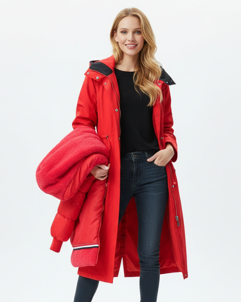 Women's Long Waterproof Coat with Removable Lining and All-Season Hood