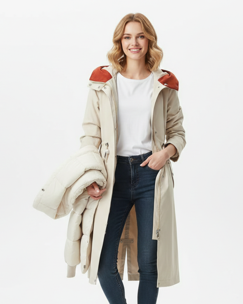 Women's Long Waterproof Coat with Removable Lining and All-Season Hood