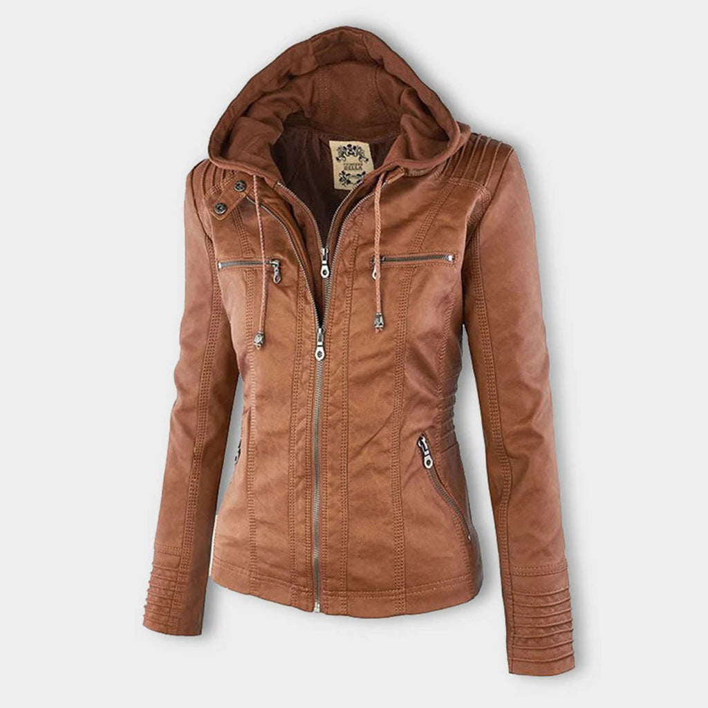 Vegan Leather Women's Jacket with Removable Hood and Thermal Lining