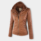 Vegan Leather Women's Jacket with Removable Hood and Thermal Lining